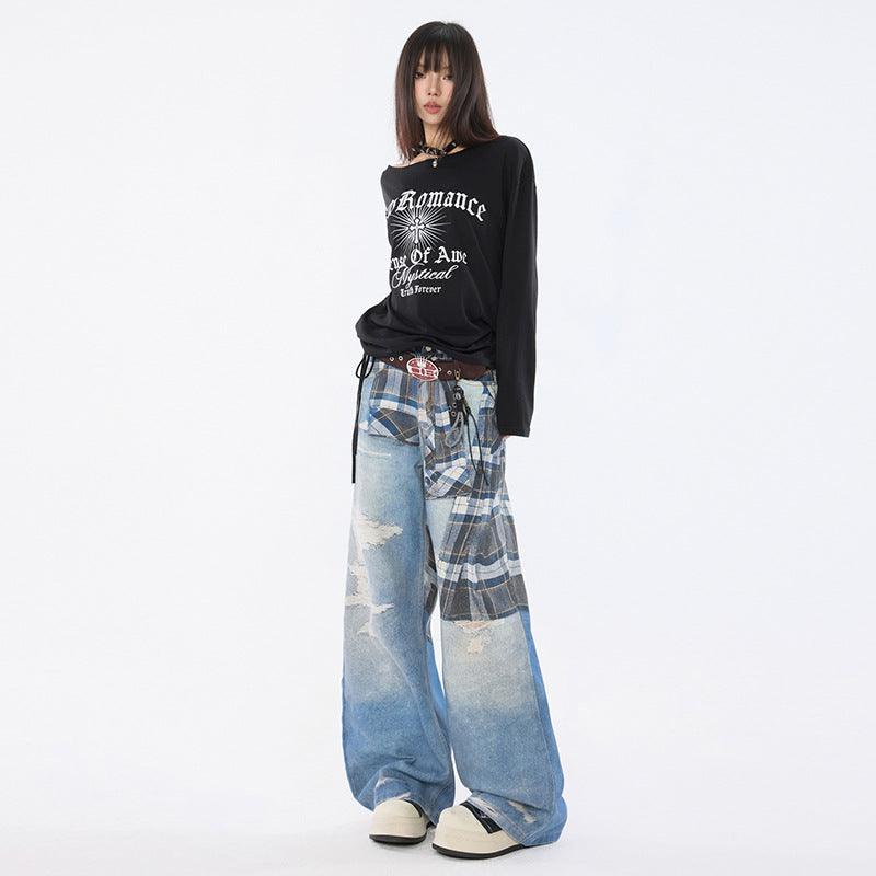 Trendy Women's Belted Printed Denim Straight Leg Trousers
