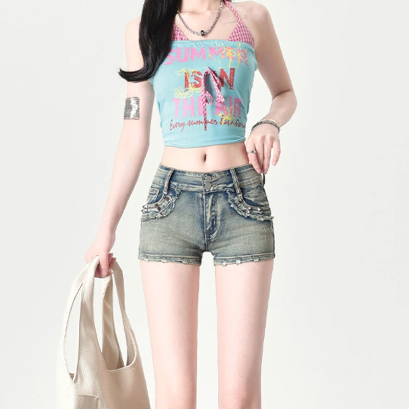 High Street Wasteland Style Denim Shorts for Women - Slimming Girl Skinny Straight Leg Hot Pants