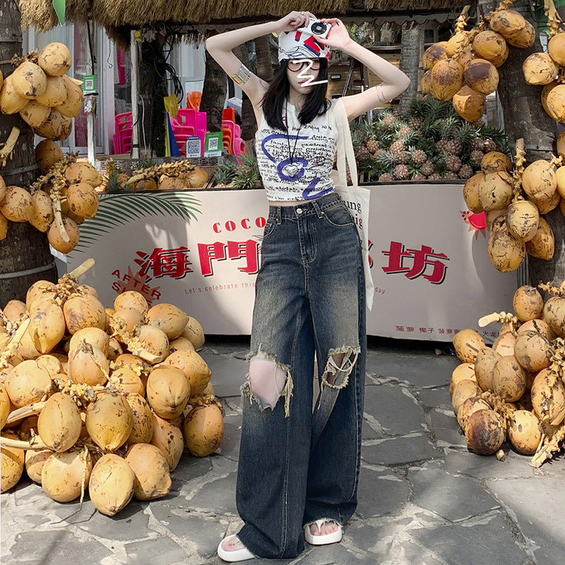 Women's Loose Folded Frayed Floor-Length Wide-Leg Denim Trousers