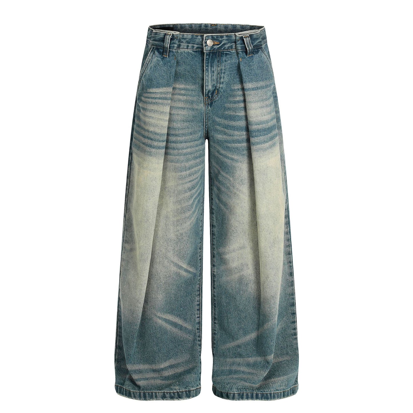Street Style High-End Vintage Cat-Whisker Texture Pleated Design Men's Wide-Leg Casual Jeans
