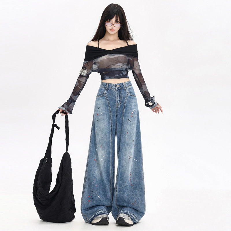 Women's Loose Fit Distressed Graffiti Wide-Leg Denim Pants
