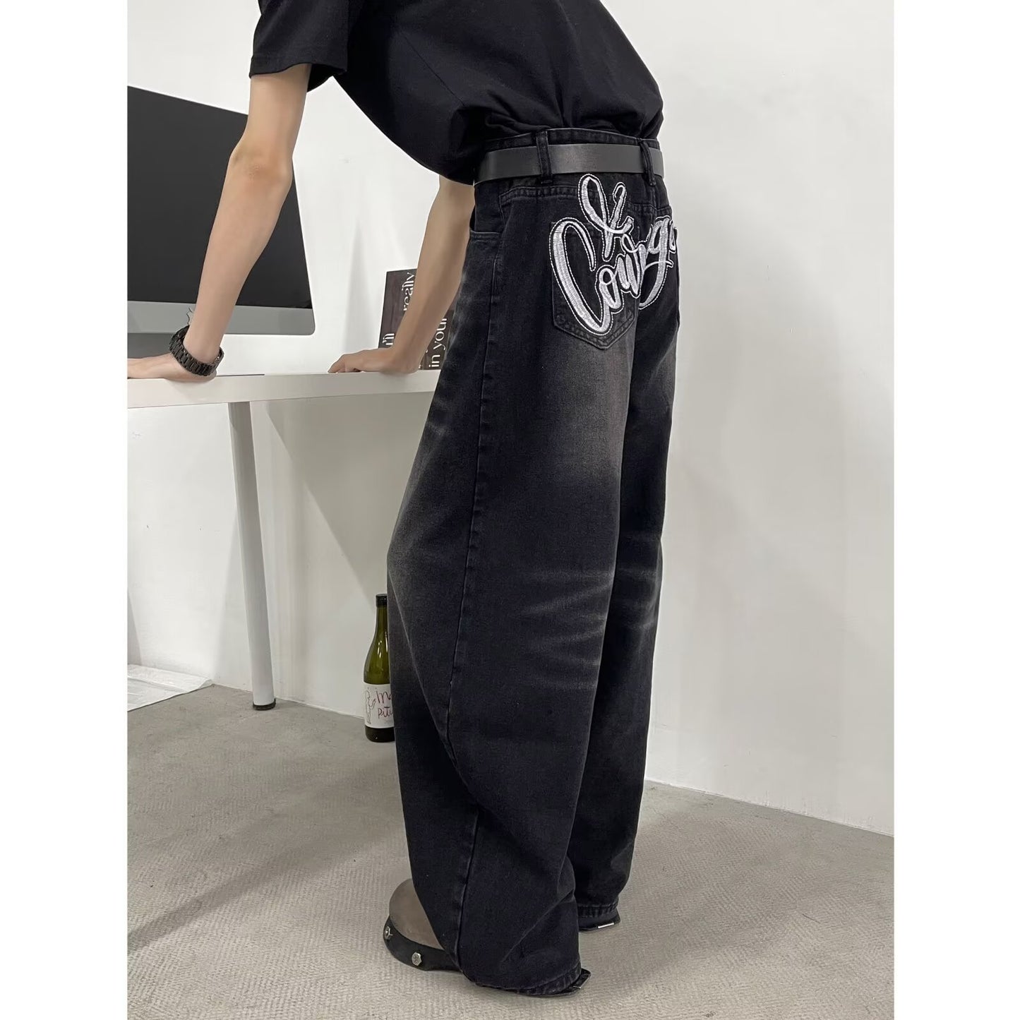 Curved Knife Denim Loose Straight Leg Pants with Letter Embroidery