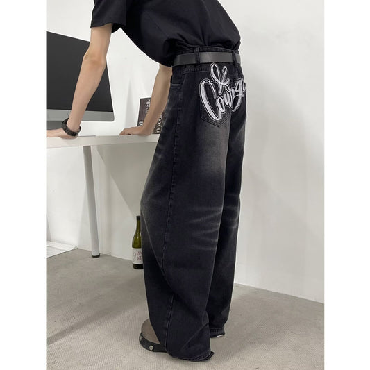 Curved Knife Denim Loose Straight Leg Pants with Letter Embroidery