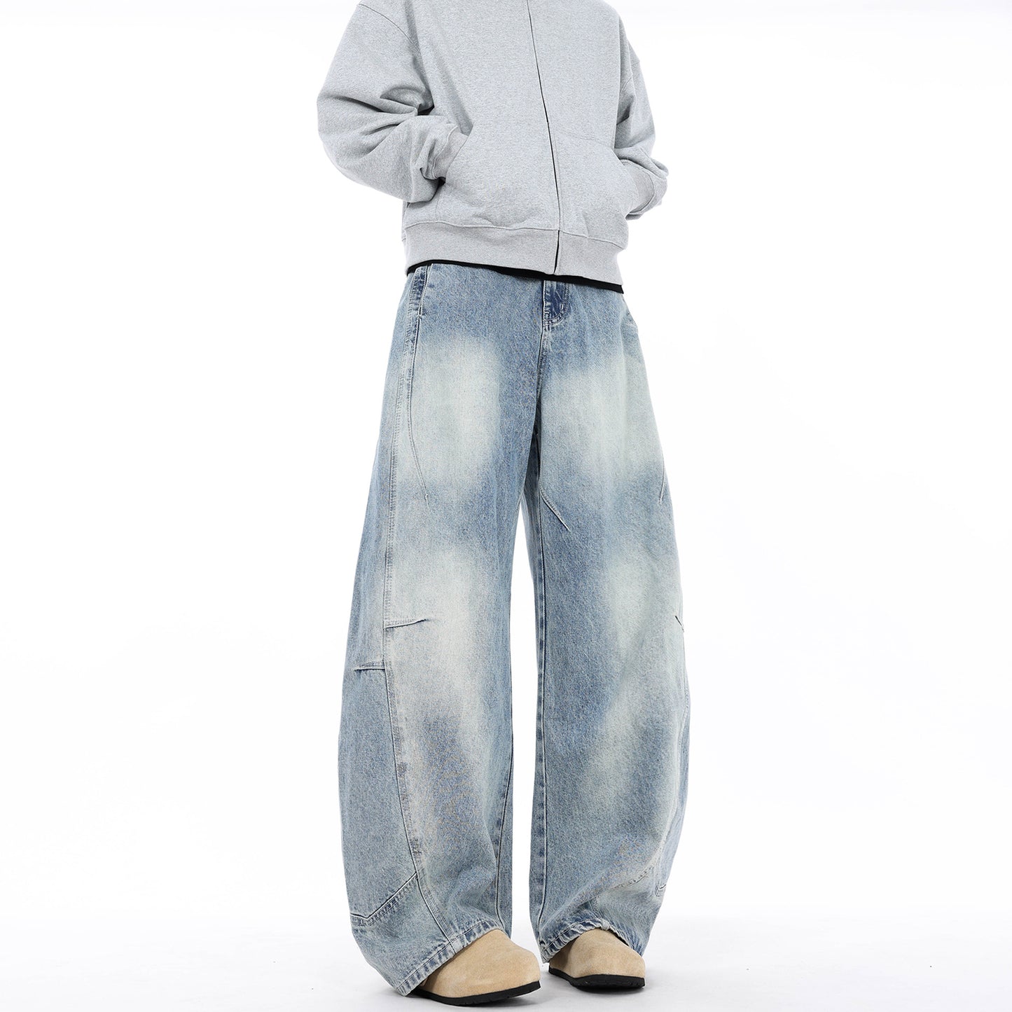 Wrinkle Splicing Lightning Pattern Washed White Jeans