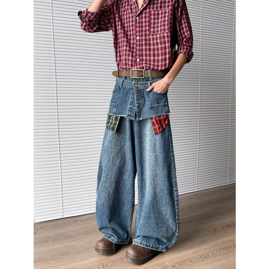 Retro Fake Two-Piece Checkered Patchwork Jeans for Men - Summer Style