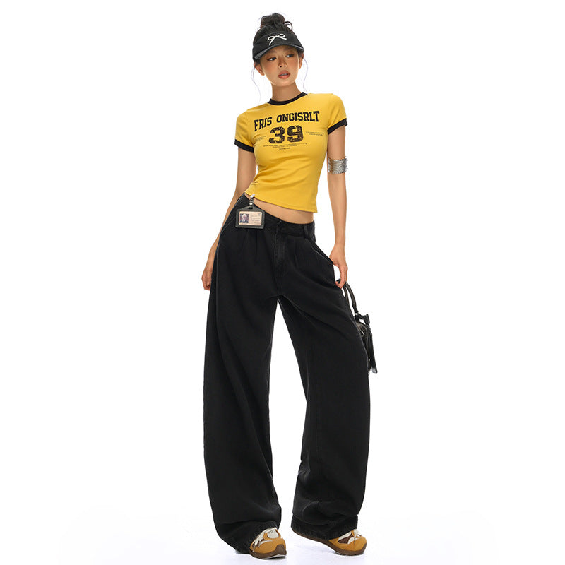 Women's Black Denim Pants - Thin Straight Leg Slimming Silk Cool Wide Leg Pants