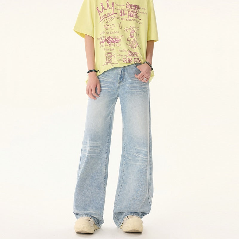 Summer Loose Straight Leg Commuting Pants in Washed Blue Denim