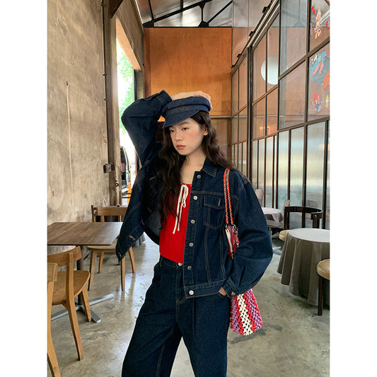 Vintage Hong Kong Style Single Breasted Denim Jacket for Women