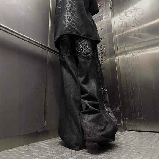 Denim Pants with Dark Line Design - Trendy Wide Leg Trousers