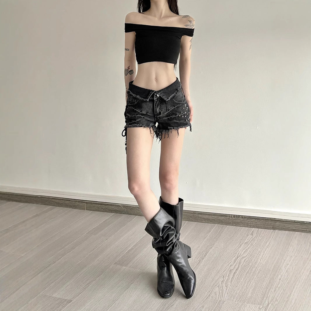 Hippie Spicy Girl Street Motorcycle Style Denim Shorts with Fringe and Rivets