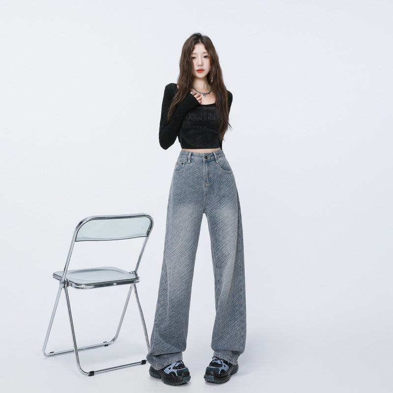 Style Meteor Texture Jacquard Denim Pants for Women - High Waist Straight Loose Slim Fit Wide Leg Trousers