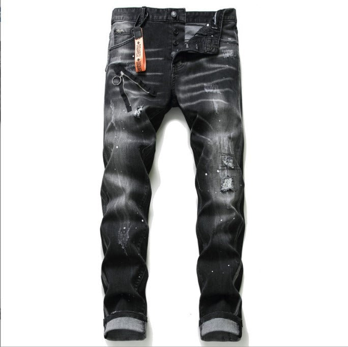 Personalized Black and Gray Torn Zipper Jeans for Men