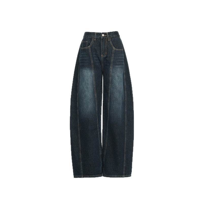 Retro Washed Loose Embroidered Tapered Denim Pants for Women