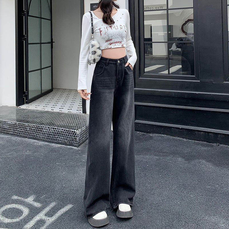 Retro Wide-Leg High-Waist Jeans for Women – Black Grey Loose Drape