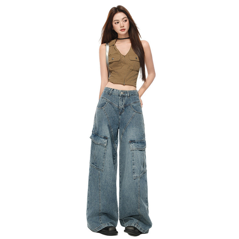 Women's Multi-Pocket Workwear Denim Pants - Loose Wide-Leg Style