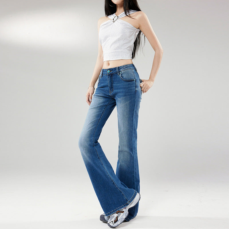 Women's Blue Washed Flared Jeans - Slim Fit Multi-Purpose Denim Pants