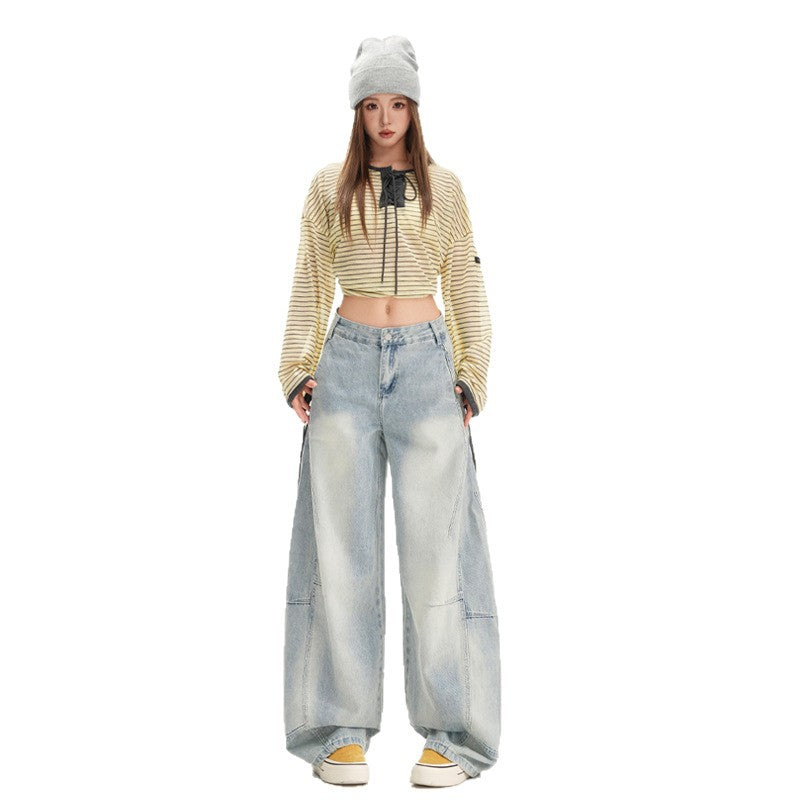Retro Slouchy Denim Pants for Women - Loose, Flowy Patchwork Design