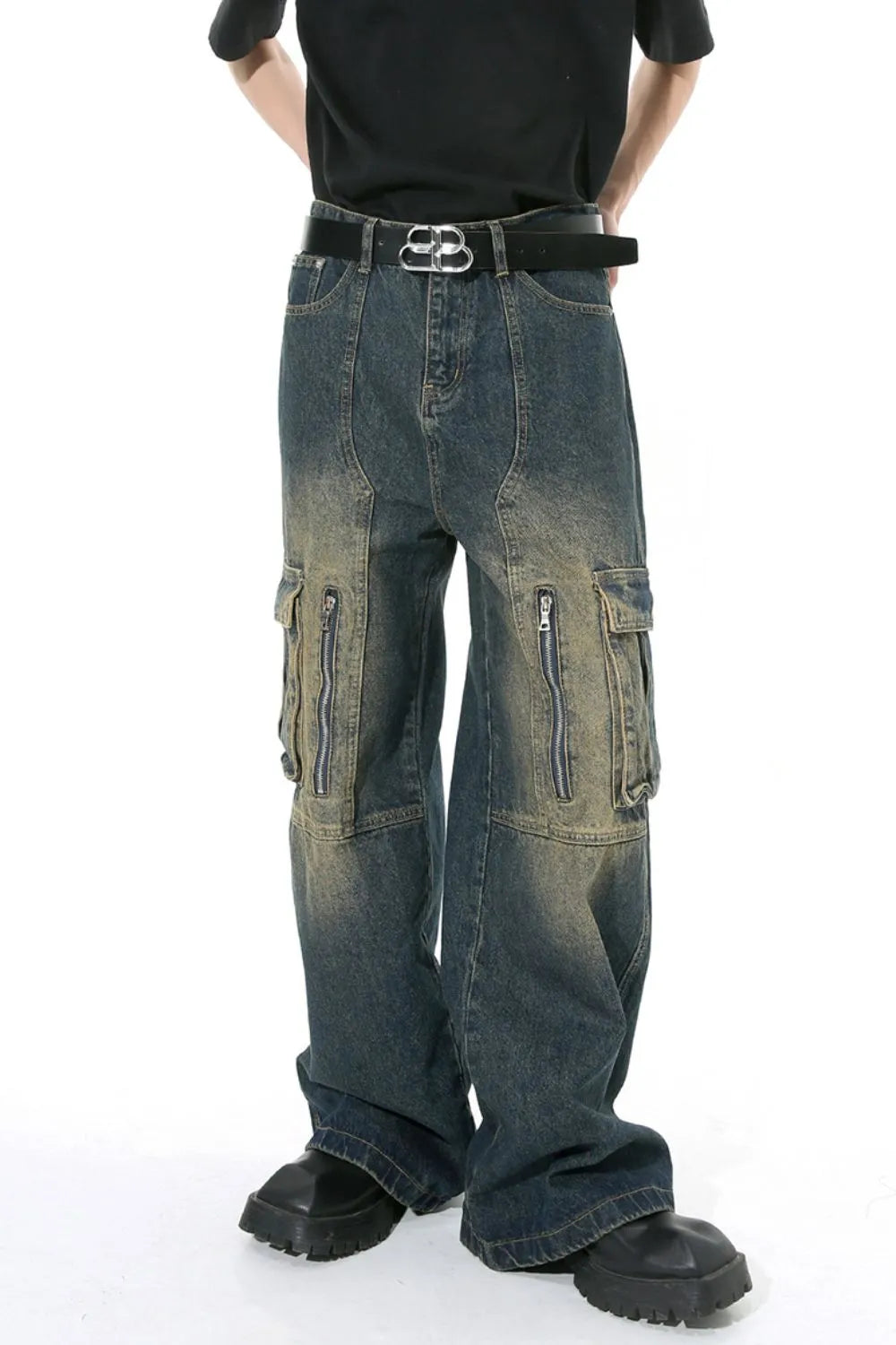 Mid Rise Jeans with Cargo Pockets - Premium Japanese Denim