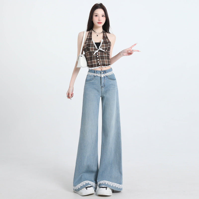 Lace Trim Wide Leg Jeans for Women - Slimming Flared Pants