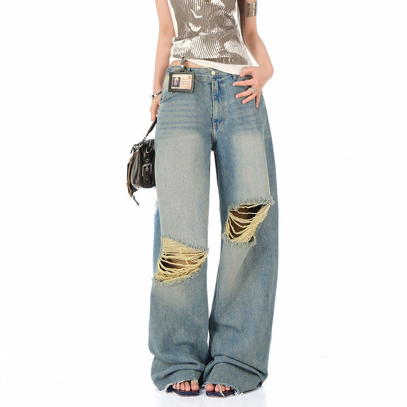 Women's Blue Distressed Straight Jeans - High Waist Loose Wide Leg Pants