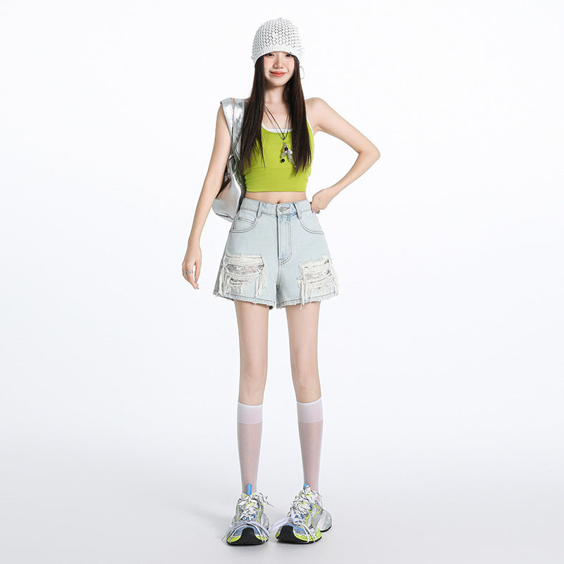 Light Blue Distressed Lace Denim Shorts for Women - High Waist Slim Wide Leg A-Line Hot Pants