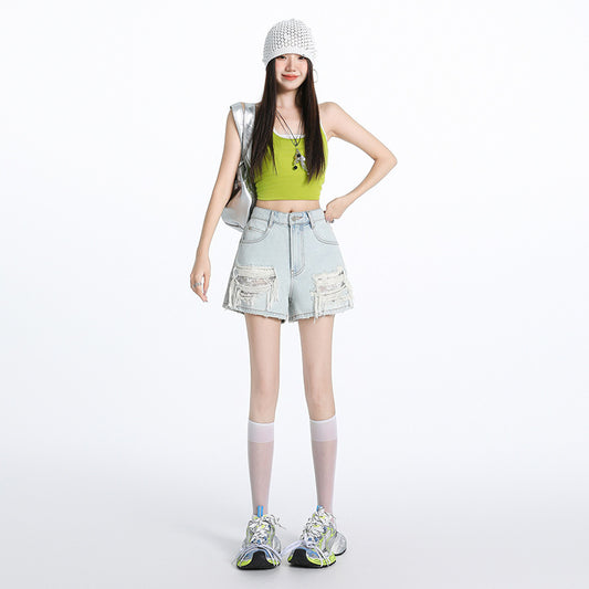 Light Blue Distressed Lace Denim Shorts Women  Thin Spicy High Waist Slim Wide Leg A-Line Hot Pants