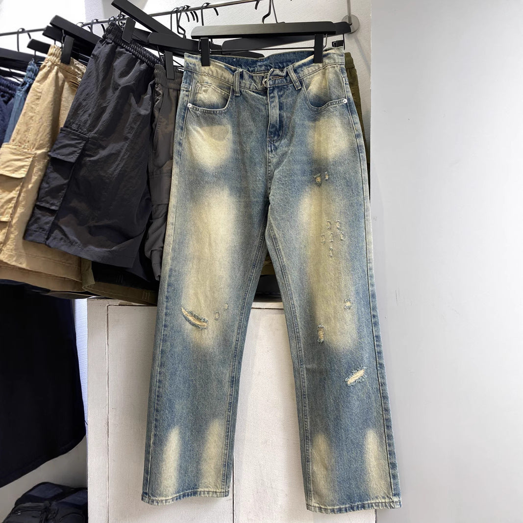 High Street Vibe Washed Yellow Mud Dyed Distressed Denim Pants for Men