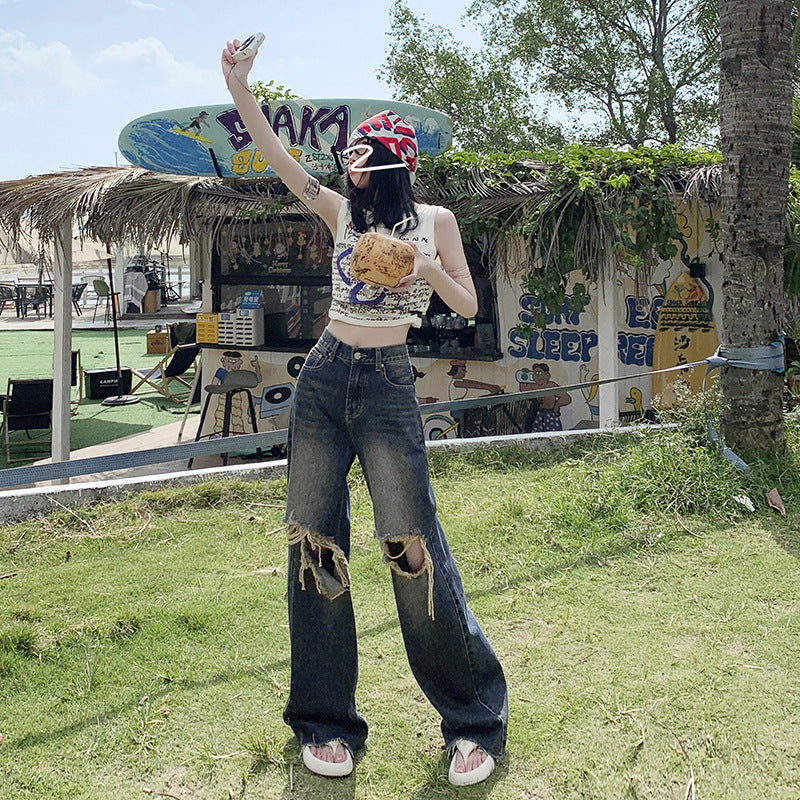 Women's Loose Folded Frayed Floor-Length Wide-Leg Denim Trousers