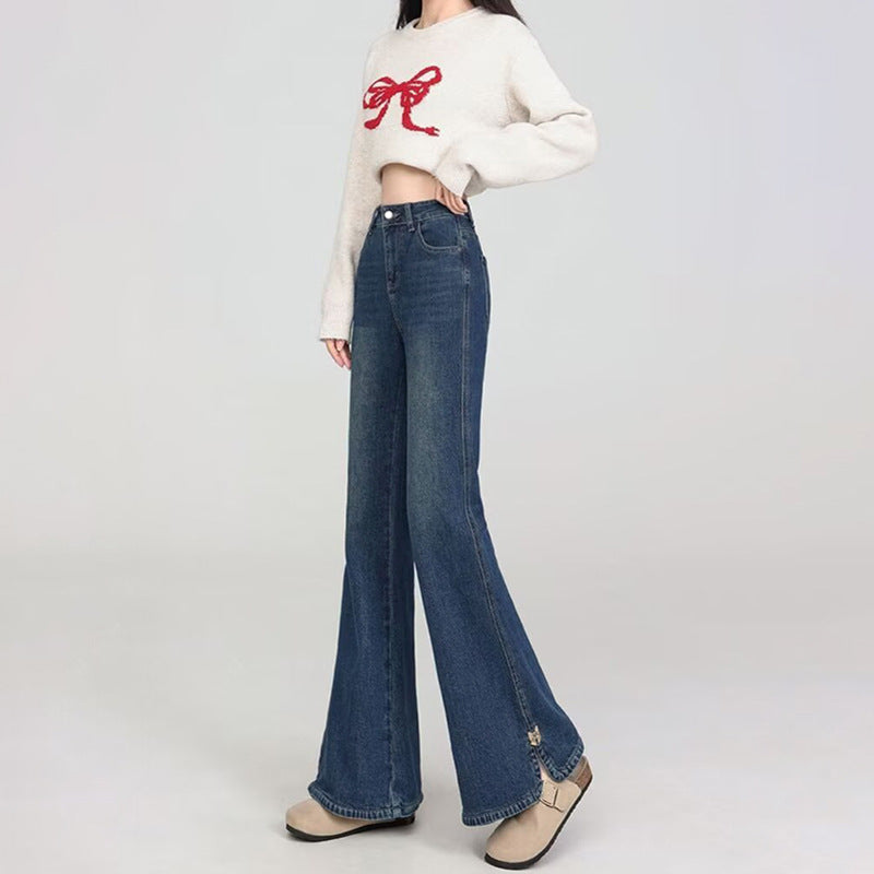 High Street Slit Flared Jeans for Women - High Waist Slim Korean Style Denim Pants