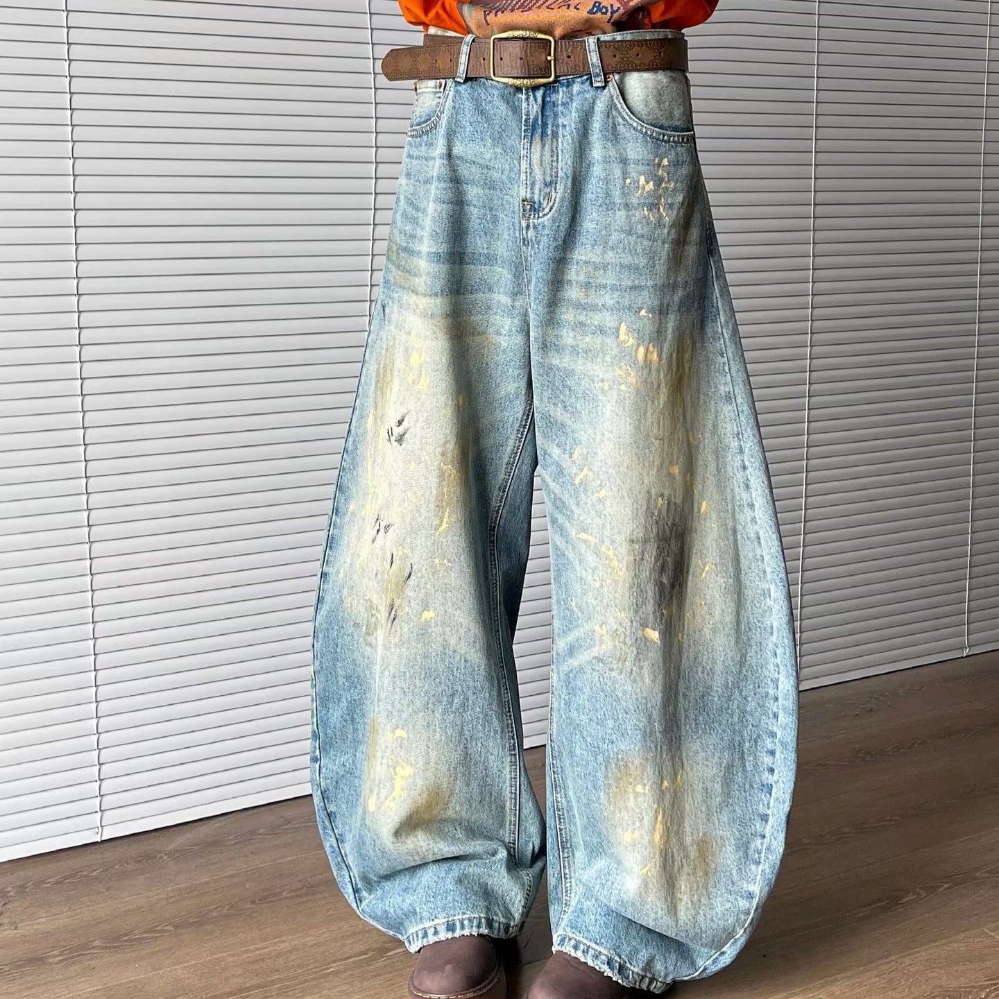 Retro Splash Ink Dirty Dye Destroyed Curved Knife Jeans