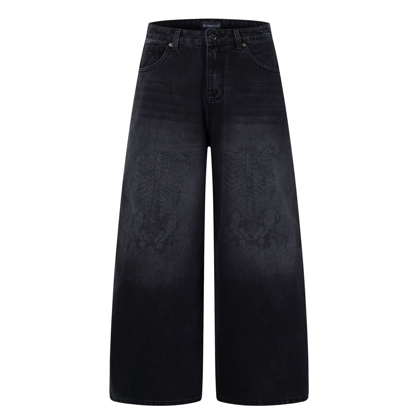 Skeleton Print Washed Denim Jeans Wide Leg Pants