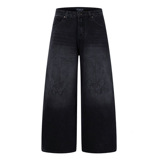 Skeleton Print Washed Denim Jeans Wide Leg Pants