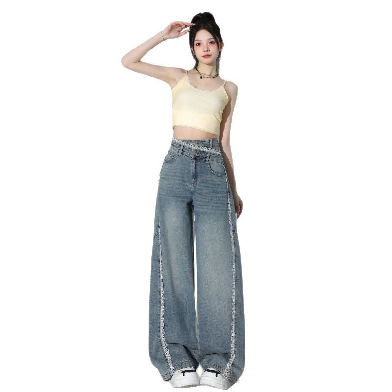 Lace Hem Spliced Denim Pants for Women – Irregular Loose Straight Wide Leg Design