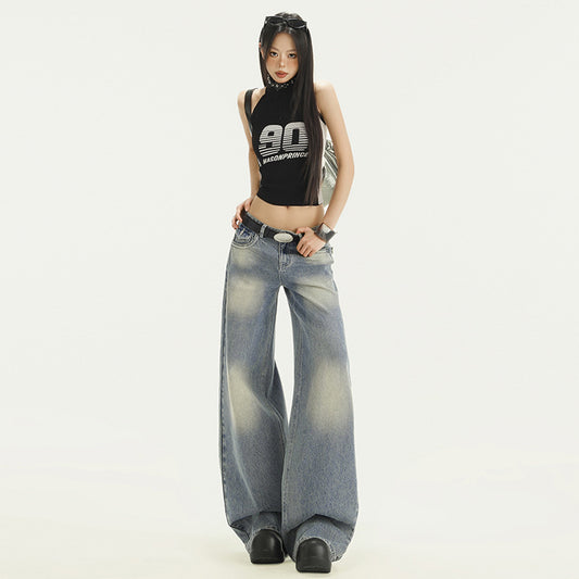 Gradient Washed Denim Pants for Women - Retro Loose Straight Leg Wide Leg Pants