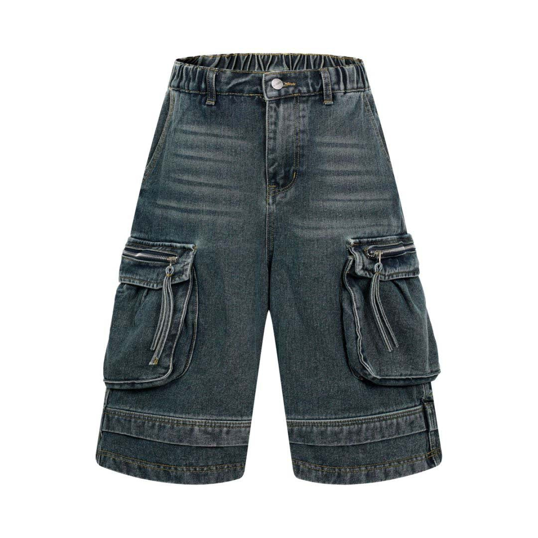 Washed Multi-Pocket Workwear Denim Shorts - Unisex Loose Fit