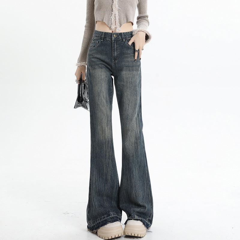 Wide Leg Flared Pants High Waist Long Length Loose Fit Raw Hem Denim Jeans for Women