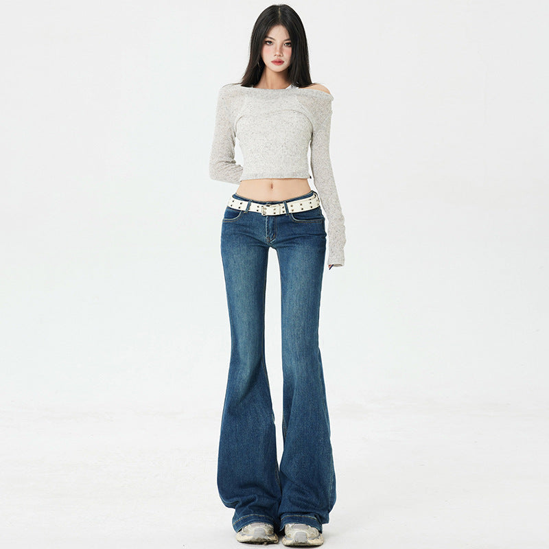 Retro Spicy Girl Flared Jeans - Women Low Waist Slim Fit Elasticity Leggings