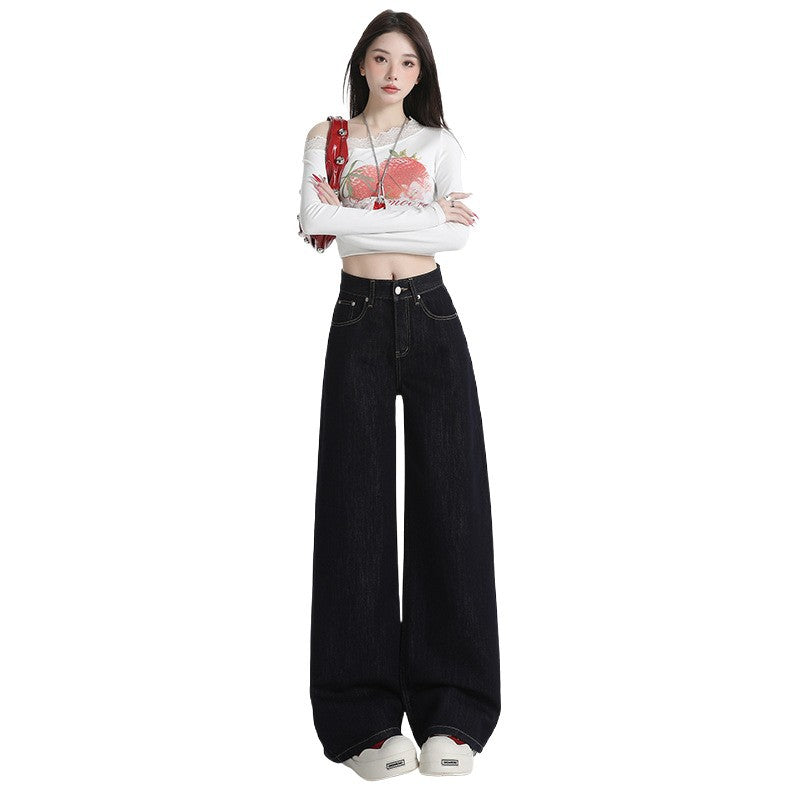 Women's Dark Blue High Waist Loose Straight Leg Jeans - Versatile Comfort