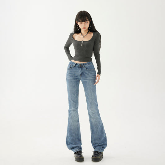 Style Flared Denim Pants for Women - Low Waist, Slim Fit, Straight Leg