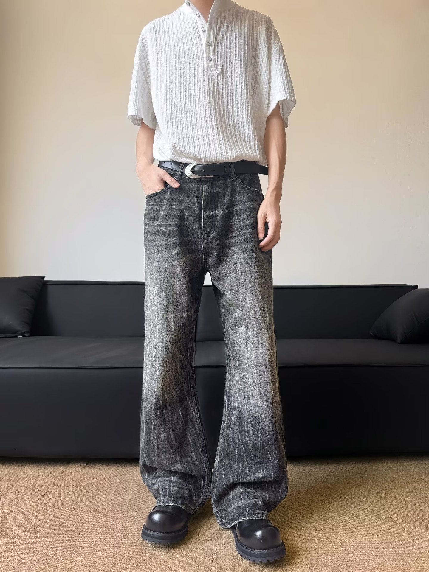 Lightning Pattern Curved Knife Jeans - Retro Vibe Denim Pants