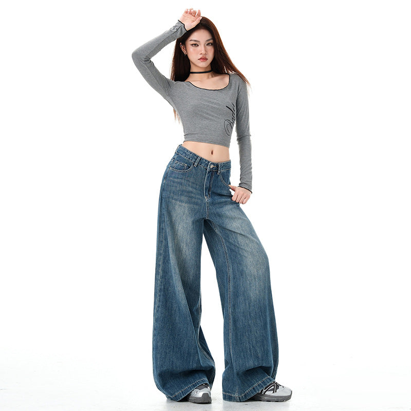 Vintage Blue Wide-Leg Jeans for Women - High Street High-Waist Slimming Loose Straight Ankle-Length Pants