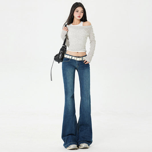 Retro Spicy Girl Flared Jeans - Women Low Waist Slim Fit Elasticity Leggings