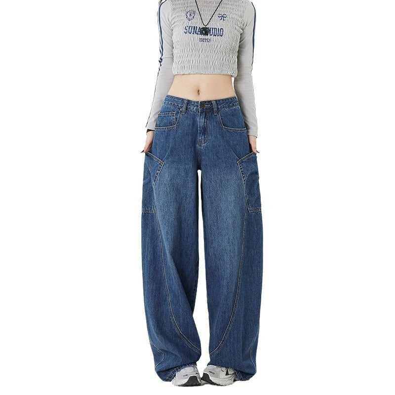 Women's Large Pocket Oversized Knife-Edge Jeans – Loose Baggy Patchwork Wide Leg Pants