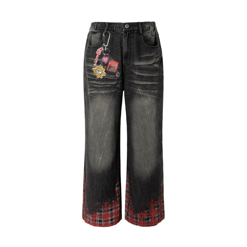 Hanging Chain Plaid Printed Loose Washed Wide Leg Denim Pants