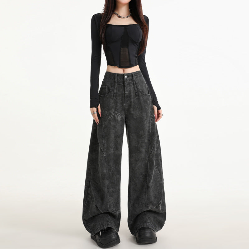 Black Gray Wide-Leg Jeans for Women - High-Waist Straight Loose Design with Unique Print