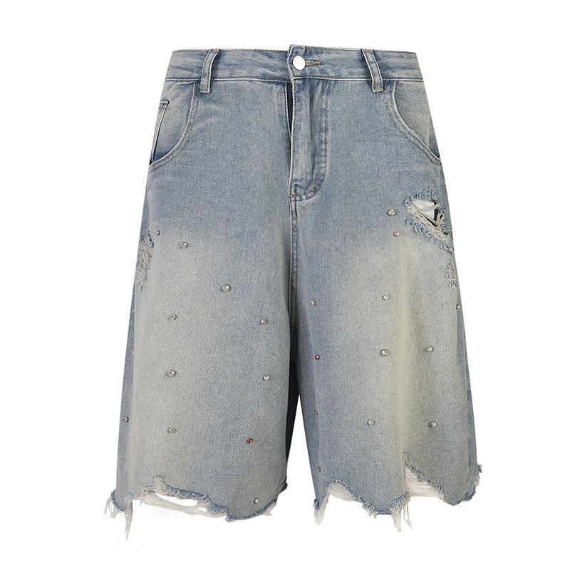 Drill Nail Hole Denim Shorts - Premium Japanese Craftsmanship