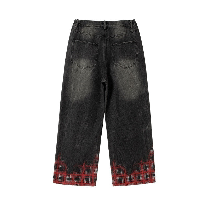 Hanging Chain Plaid Printed Loose Washed Wide Leg Denim Pants