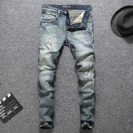 Italian Designer Slim Fit Ripped Jeans for Men - High Quality Cotton - Plus Size 29-38