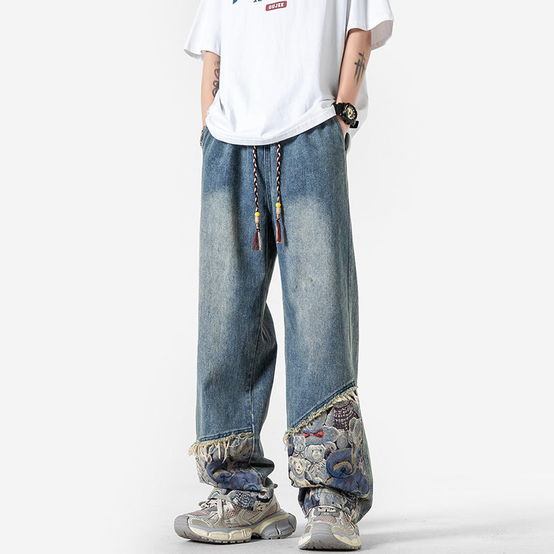 Bear Spliced Denim Pants - Men's Rugged Workwear Straight Leg Trousers