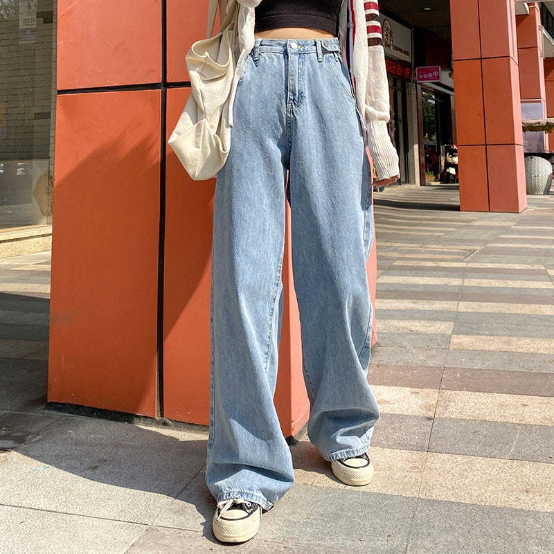 High Waist Wide Leg Denim Jeans for Women - Vintage Blue Streetwear